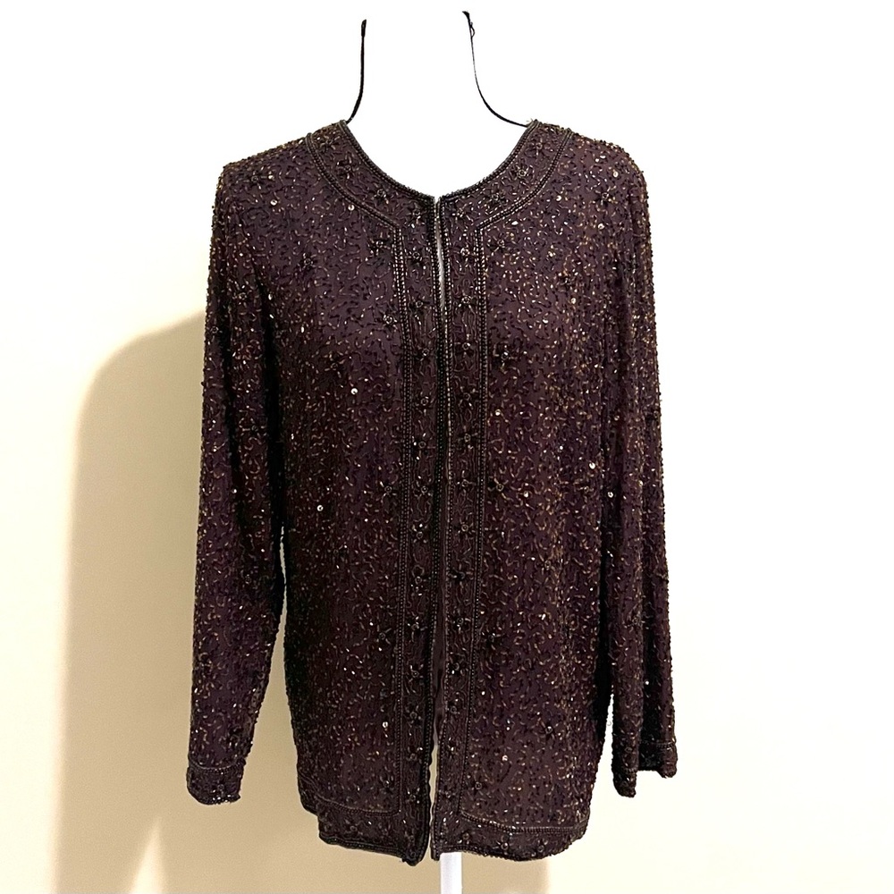 Vintage STENAY 100% Silk ALL Beaded Formal Jacket S Brown Hook front Overcoat